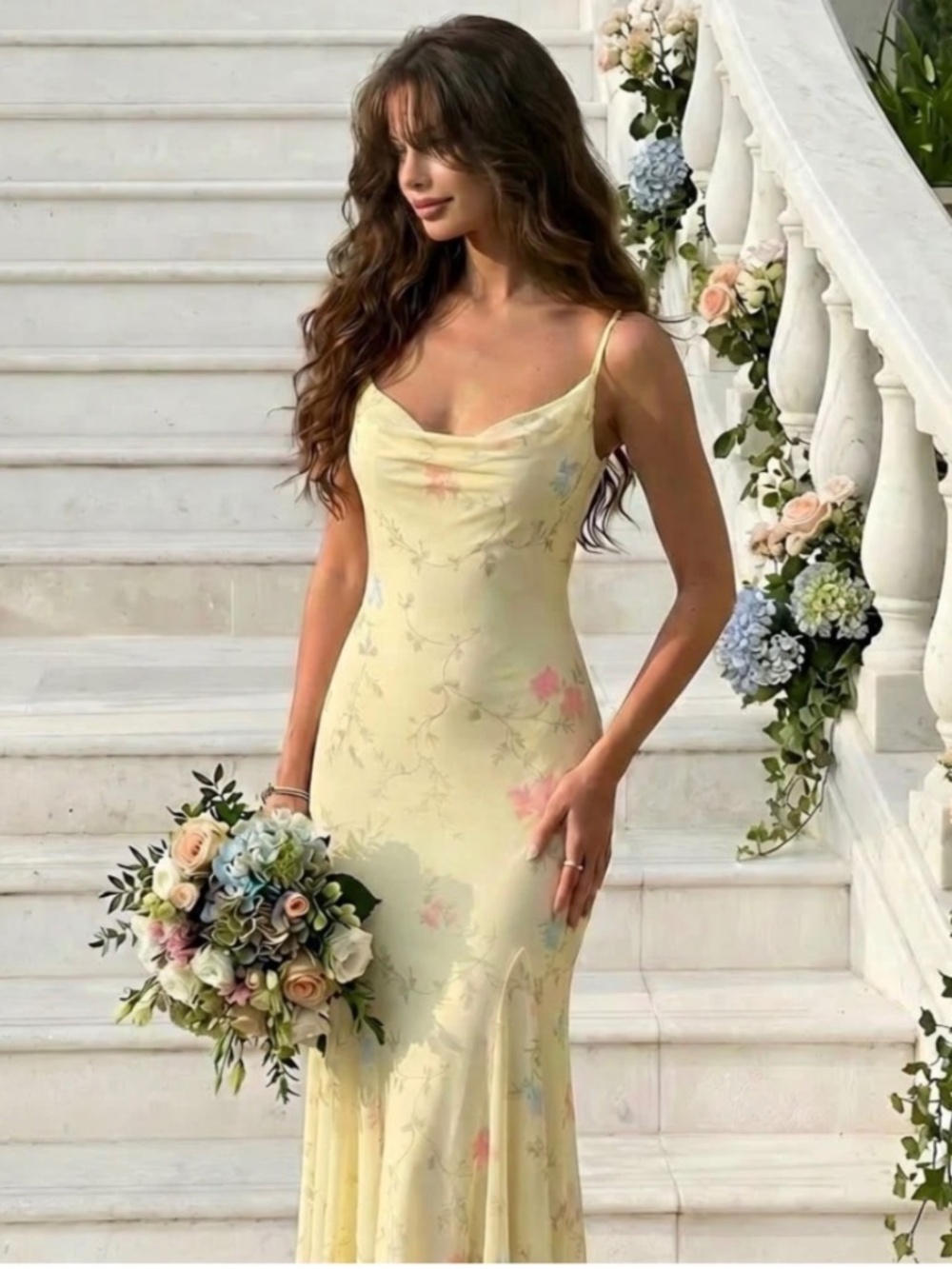 NWT MESH COWL NECK FLORAL A-LINE MAXI DRESS M